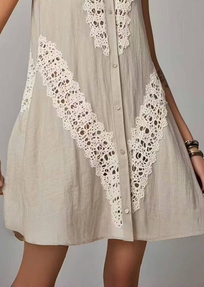 Women Grey Peter Pan Collar Patchwork Lacen Day Dress Sleeveless