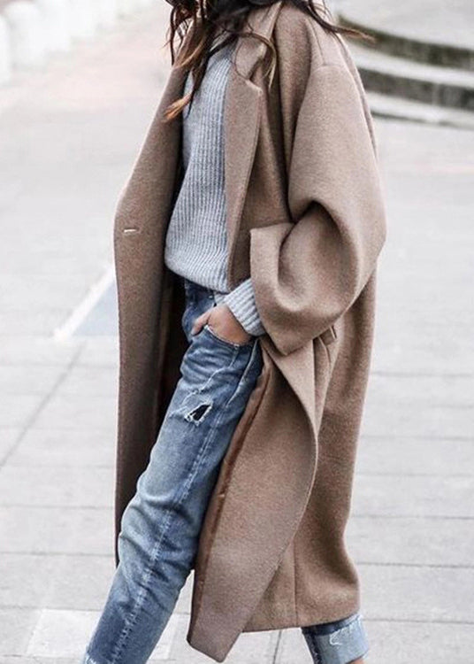 Women Grey Peter Pan Collar Pockets Woolen Trench Fall