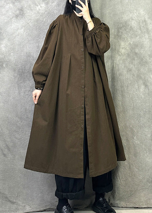 Women Grey Pockets Button Patchwork Loose Cotton Trench Fall