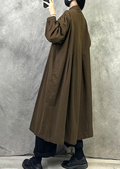 Women Grey Pockets Button Patchwork Loose Cotton Trench Fall