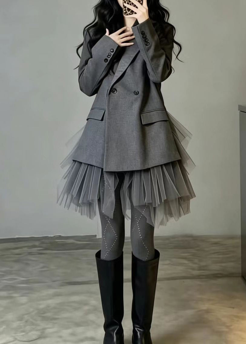 Women Grey Pockets Fake Two Piece Patchwork Tulle Blazer Jackets Fall