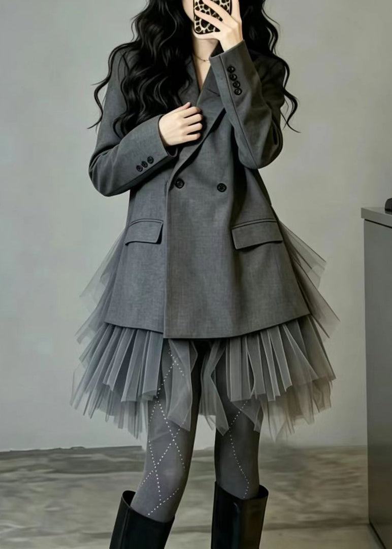 Women Grey Pockets Fake Two Piece Patchwork Tulle Blazer Jackets Fall