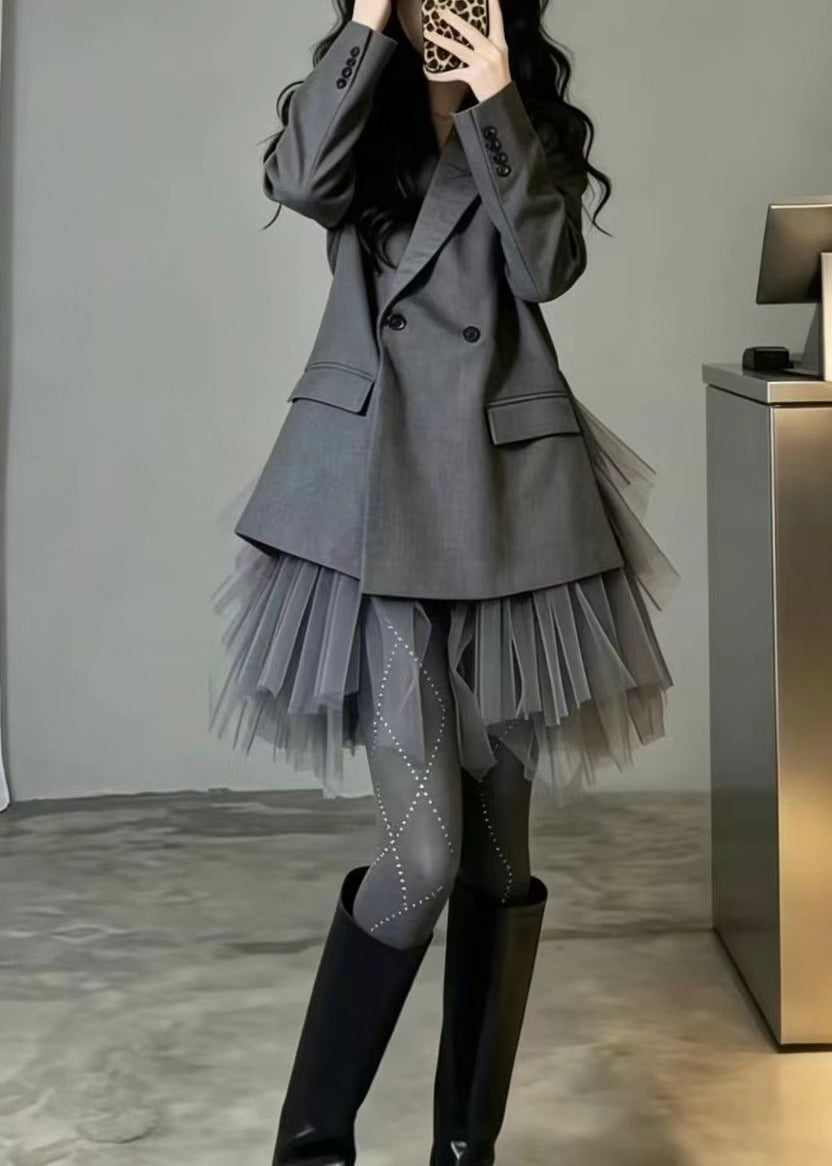 Women Grey Pockets Fake Two Piece Patchwork Tulle Blazer Jackets Fall
