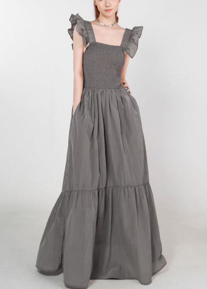 Women Grey Pockets High Waist Cotton Long Dress Summer