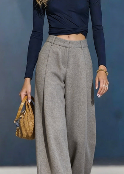 Women Grey Pockets Woolen Wide Leg Pants Spring