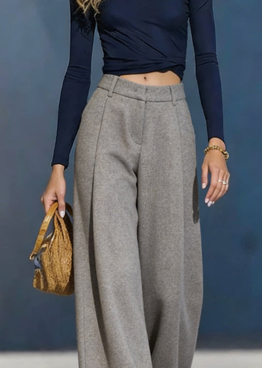 Women Grey Pockets Woolen Wide Leg Pants Spring