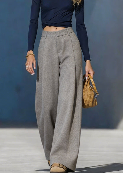 Women Grey Pockets Woolen Wide Leg Pants Spring