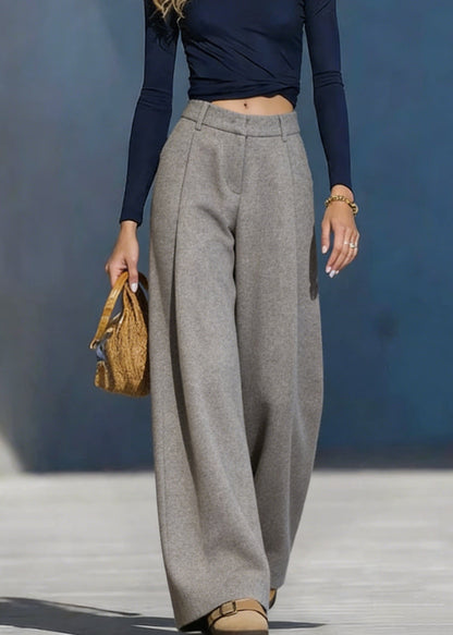 Women Grey Pockets Woolen Wide Leg Pants Spring