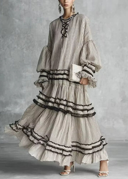 Women Grey Puff Sleeve Striped Ruffled Patchwork Cotton Dresses Fall