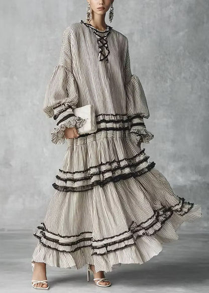 Women Grey Puff Sleeve Striped Ruffled Patchwork Cotton Dresses Fall