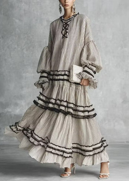 Women Grey Puff Sleeve Striped Ruffled Patchwork Cotton Dresses Fall