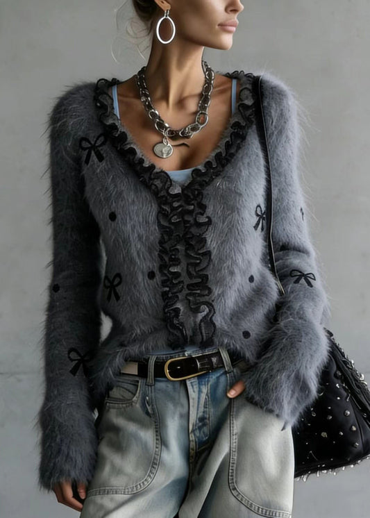 Women Grey Ruffled Patchwork Faux Fur Fluffy Knitted Top Spring