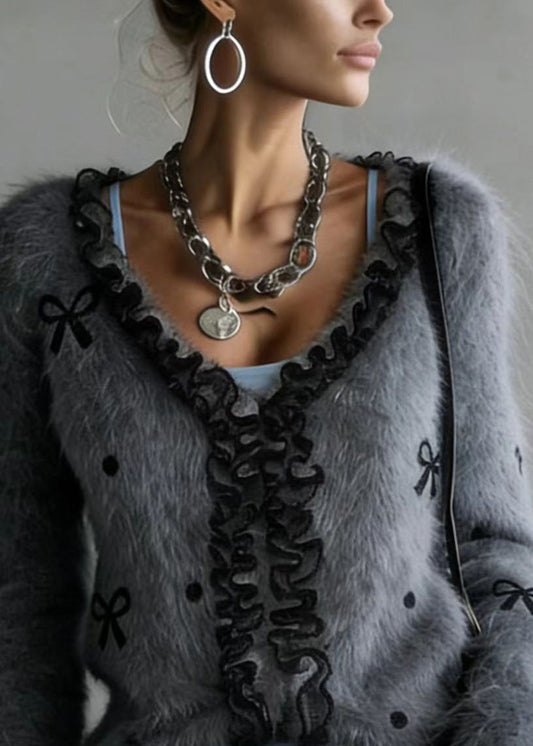 Women Grey Ruffled Patchwork Faux Fur Fluffy Knitted Top Spring