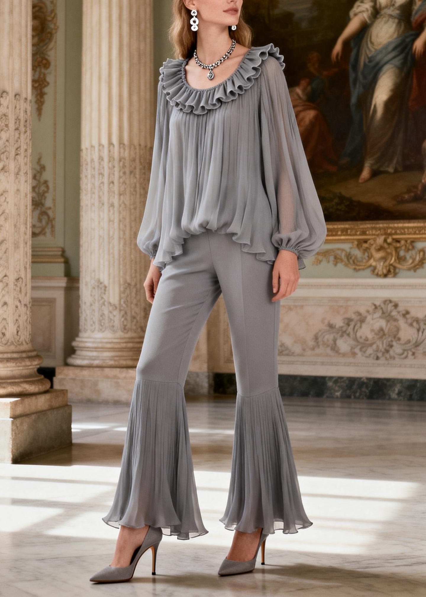 Women Grey Ruffled Patchwork Linen Silk 2 Piece Outfit Spring