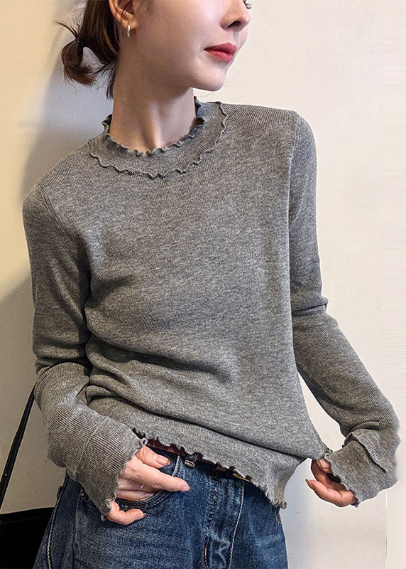 Women Grey Ruffled Silm Fit Knit Pullover Spring