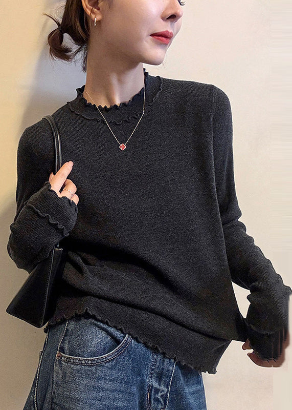Women Grey Ruffled Silm Fit Knit Pullover Spring