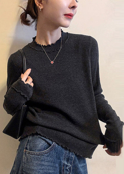 Women Grey Ruffled Silm Fit Knit Pullover Spring
