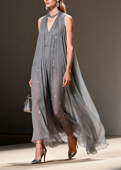 Women Grey Sequins Chiffon Long Dress Sleeveless