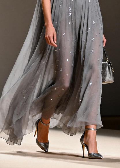 Women Grey Sequins Chiffon Long Dress Sleeveless