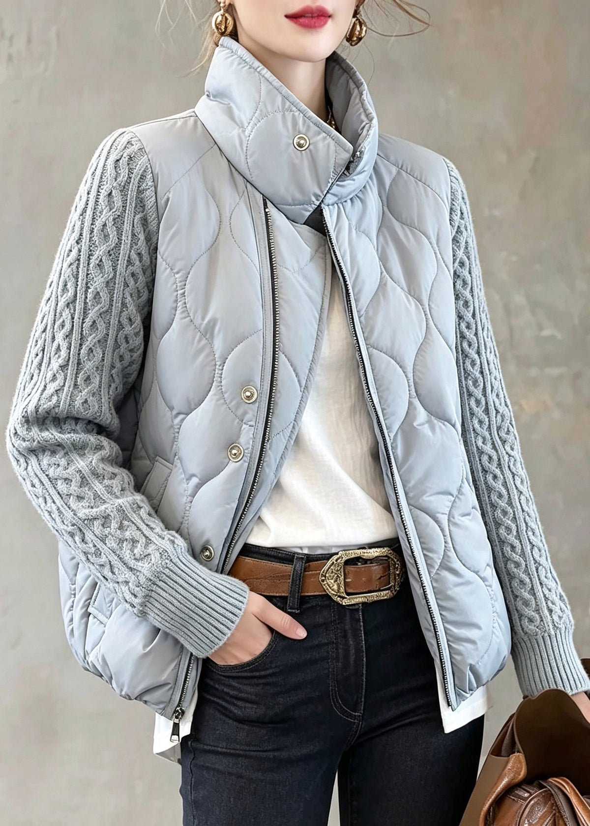 Women Grey Stand Colla Knit Patchwork Thick Coats Winter