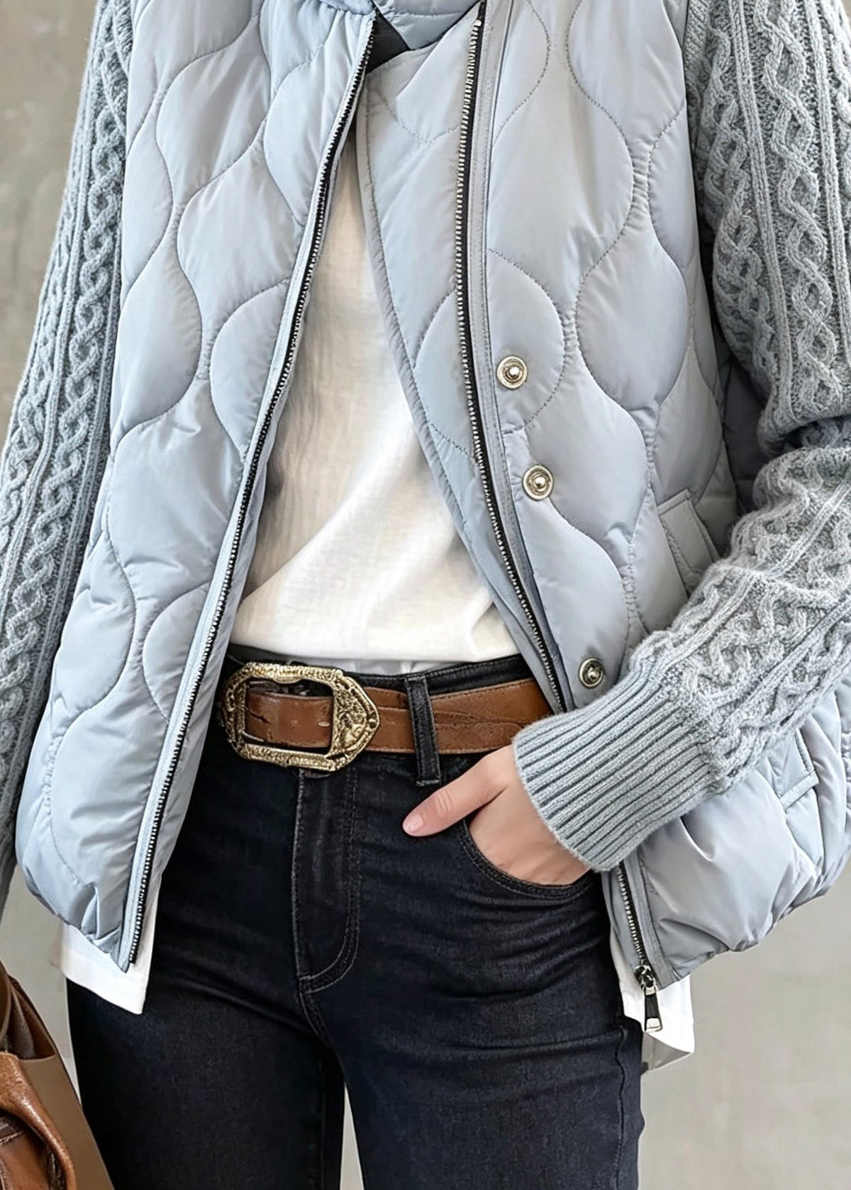 Women Grey Stand Colla Knit Patchwork Thick Coats Winter