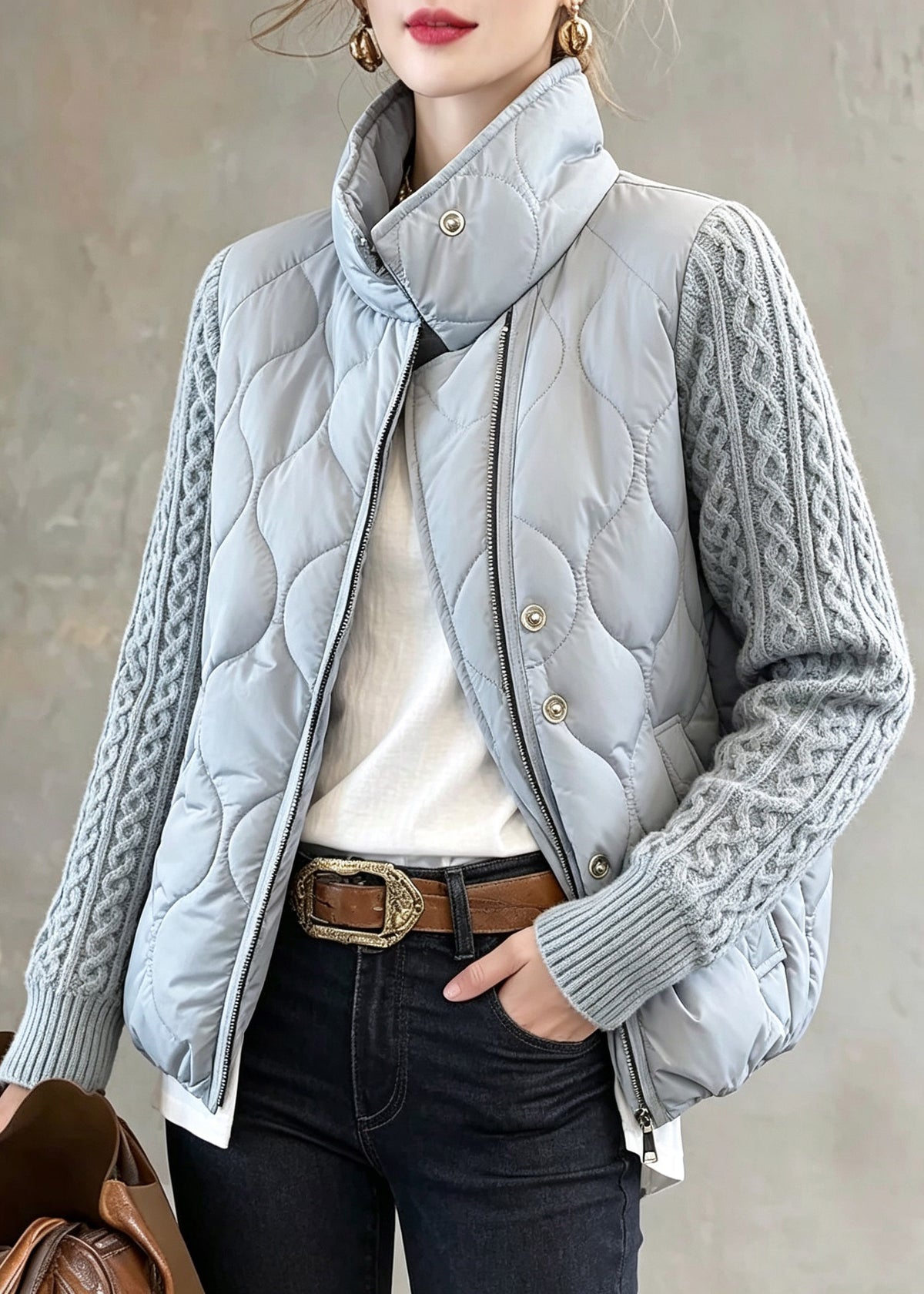 Women Grey Stand Colla Knit Patchwork Thick Coats Winter