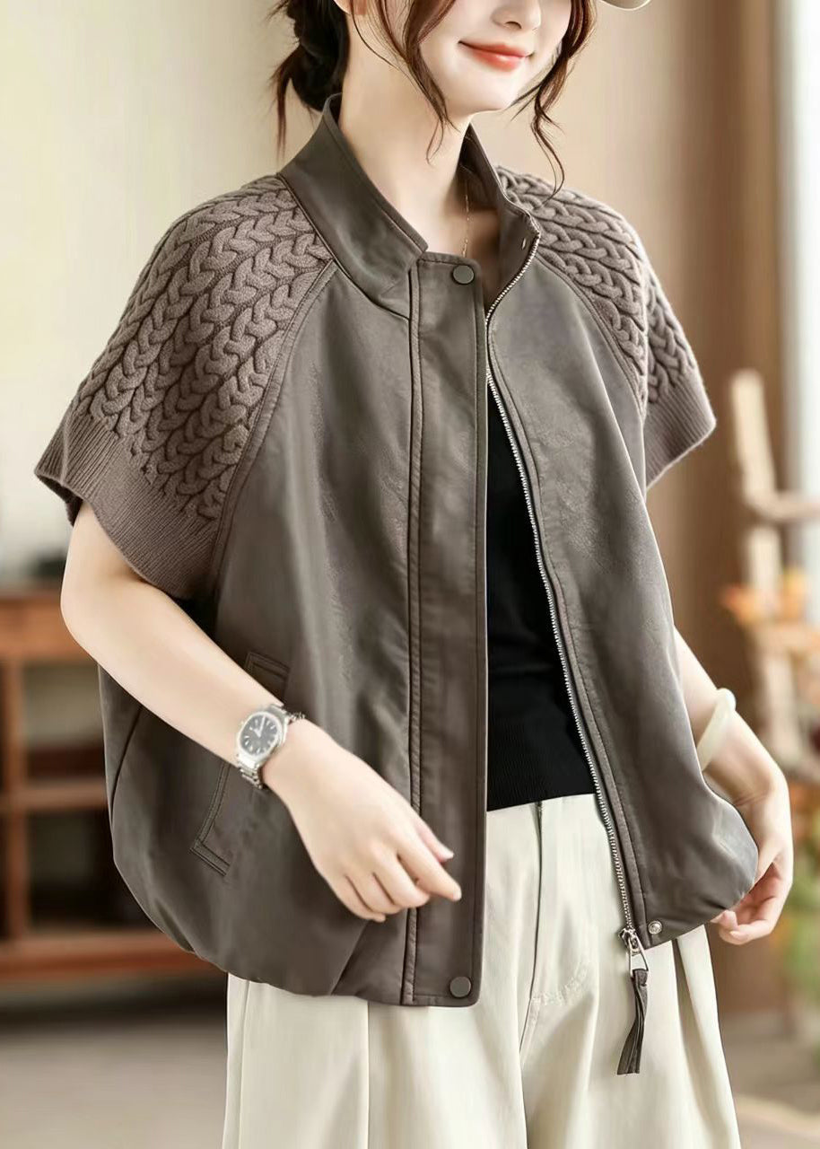 Women Grey Stand Collar Patchwork Knit Waistcoat Fall