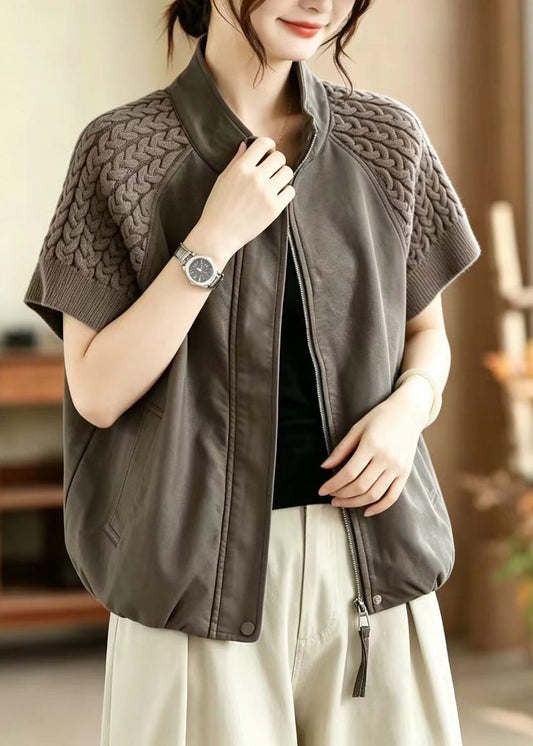 Women Grey Stand Collar Patchwork Knit Waistcoat Fall