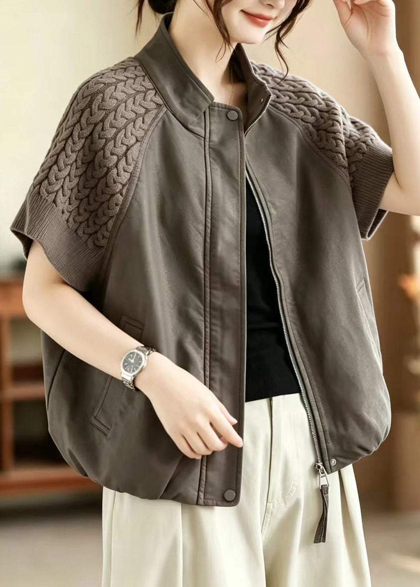 Women Grey Stand Collar Patchwork Knit Waistcoat Fall