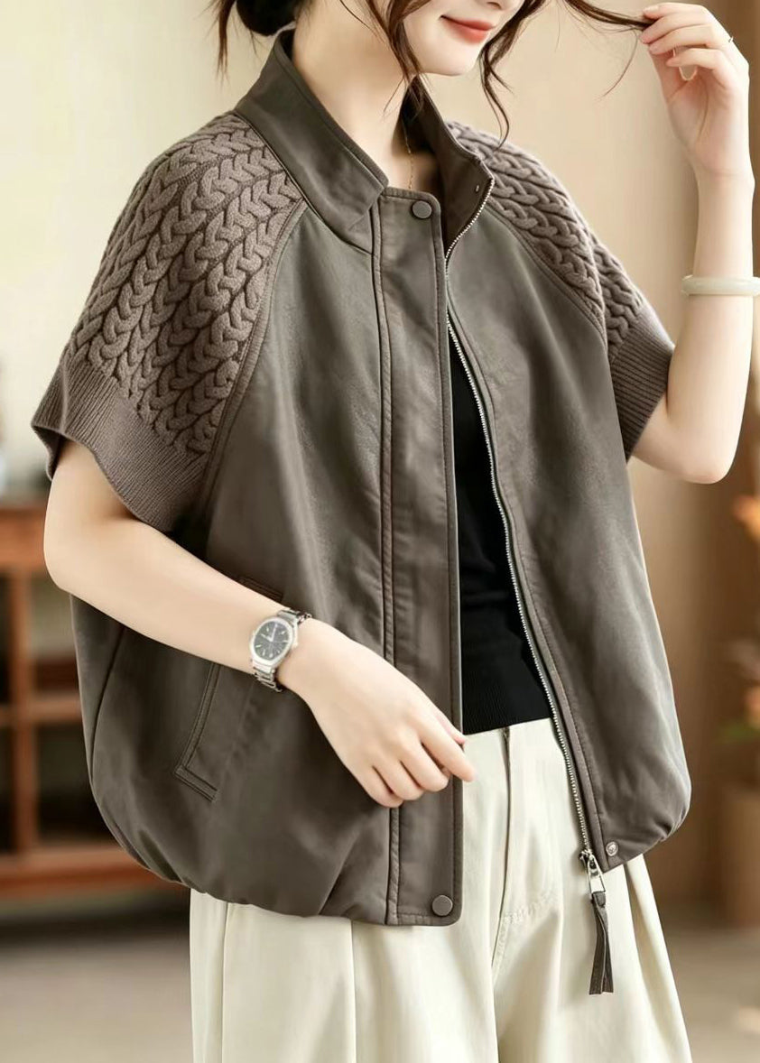 Women Grey Stand Collar Patchwork Knit Waistcoat Fall