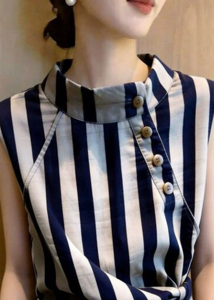 Women Grey Stand Collar Striped Cotton Shirt Tops Summer