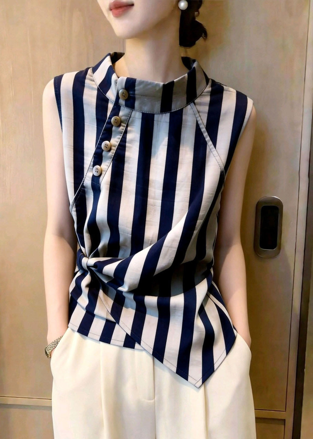 Women Grey Stand Collar Striped Cotton Shirt Tops Summer