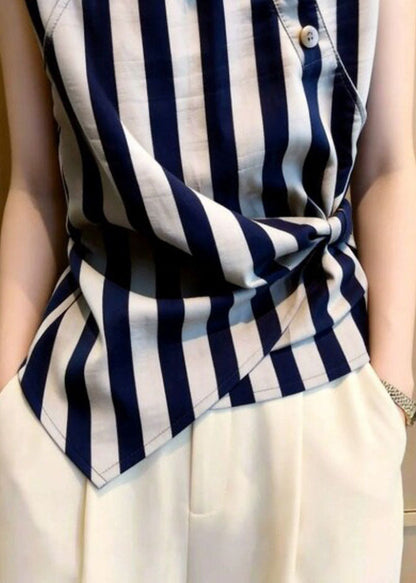 Women Grey Stand Collar Striped Cotton Shirt Tops Summer