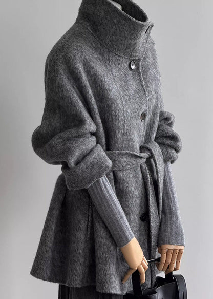 Women Grey Stand Collar Tie Waist Woolen Coats Fall