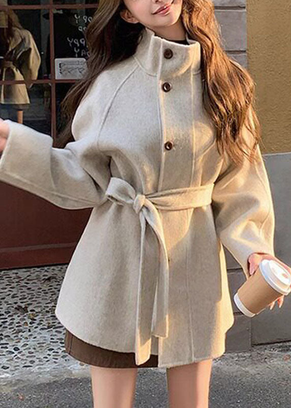 Women Grey Stand Collar Tie Waist Woolen Coats Fall