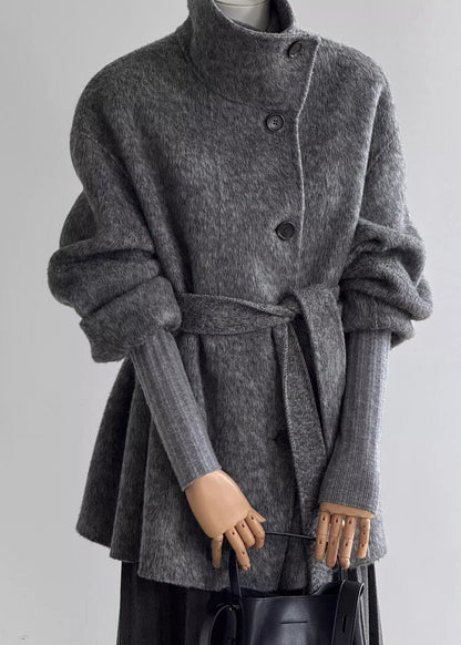 Women Grey Stand Collar Tie Waist Woolen Coats Fall