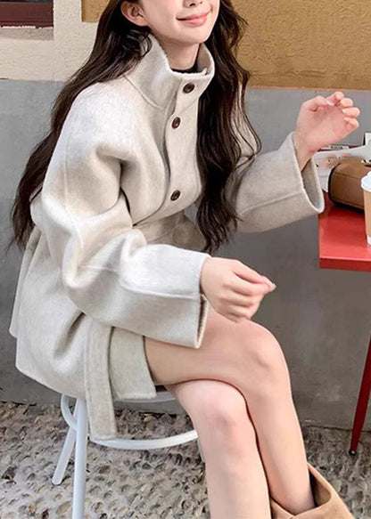 Women Grey Stand Collar Tie Waist Woolen Coats Fall