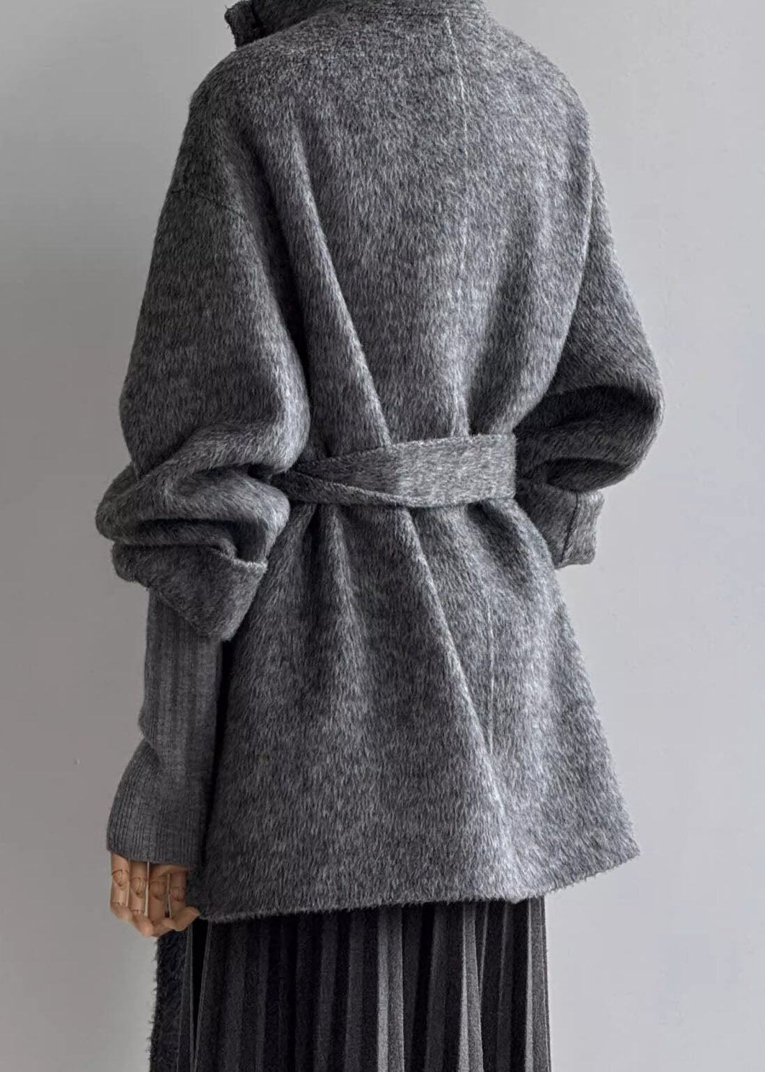 Women Grey Stand Collar Tie Waist Woolen Coats Fall