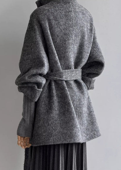 Women Grey Stand Collar Tie Waist Woolen Coats Fall