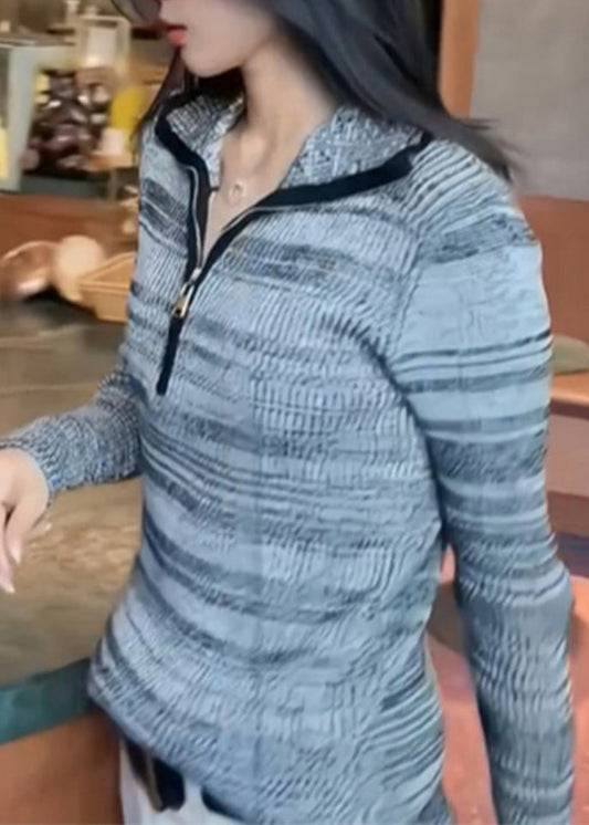 Women Grey Striped Zippered Zippered Cotton Knit Sweater Spring