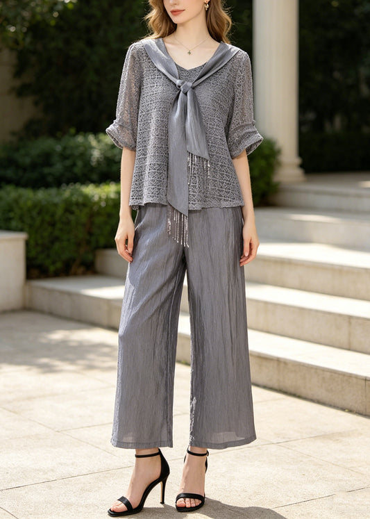 Women Grey Tasseled Hollow Out Knit Two Pieces Set Summer