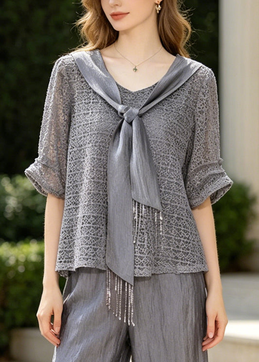 Women Grey Tasseled Hollow Out Knit Two Pieces Set Summer