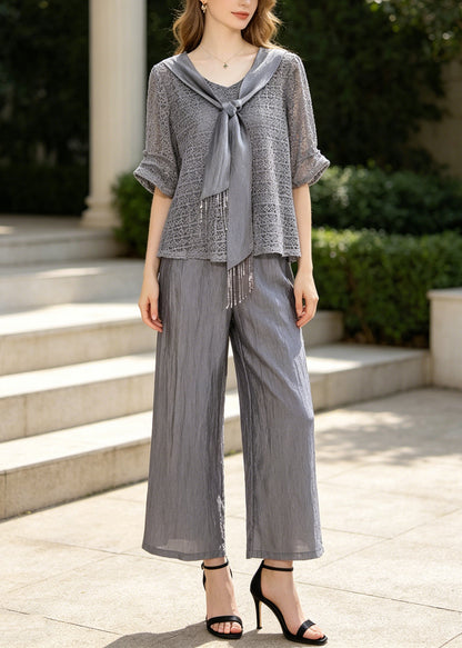 Women Grey Tasseled Hollow Out Knit Two Pieces Set Summer