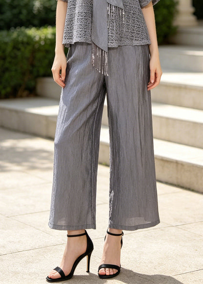 Women Grey Tasseled Hollow Out Knit Two Pieces Set Summer