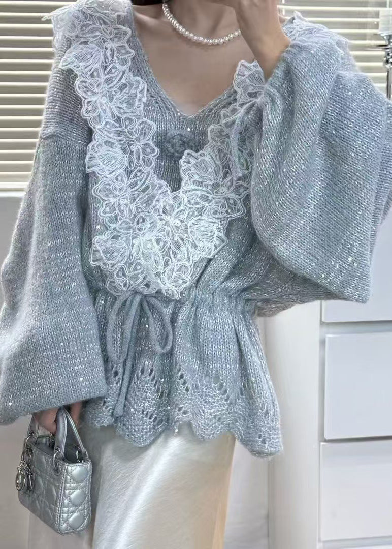 Women Grey Tie Waist Patchwork Lace Knit 2 Piece Outfit Winter