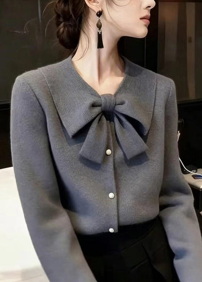 Women Grey Turn-Down Collar Bow Knit Sweater Tops Fall
