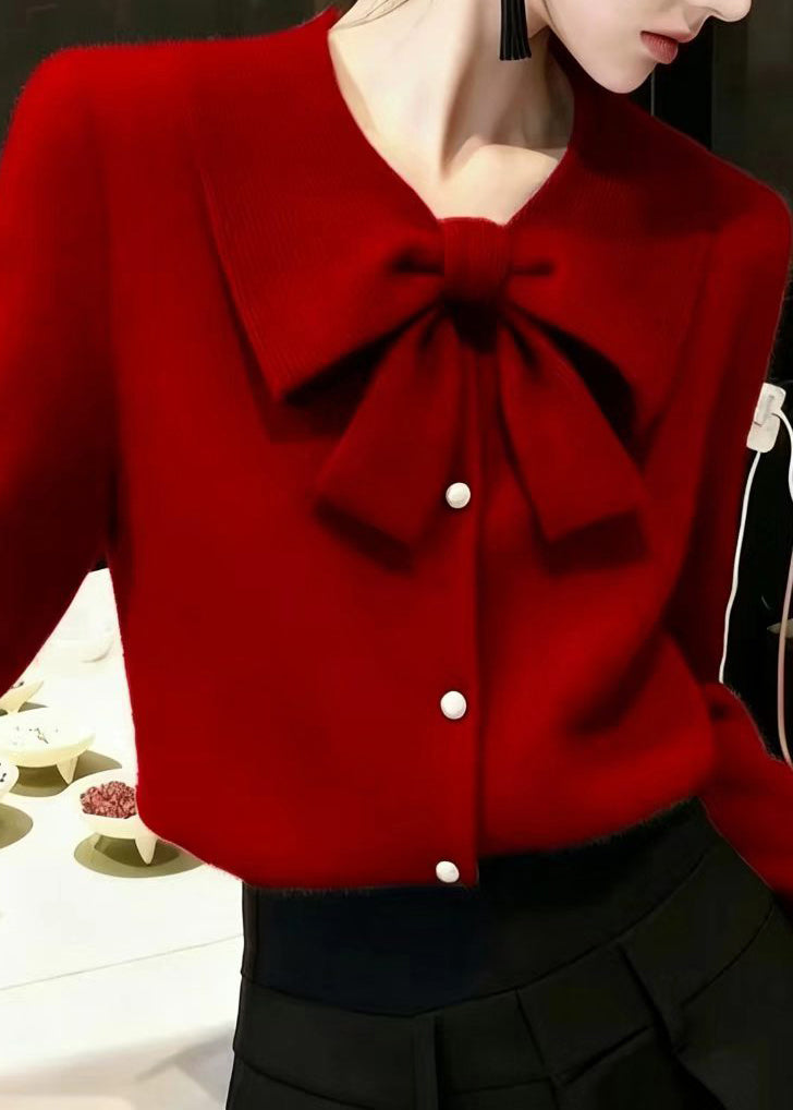 Women Grey Turn-Down Collar Bow Knit Sweater Tops Fall