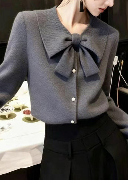 Women Grey Turn-Down Collar Bow Knit Sweater Tops Fall