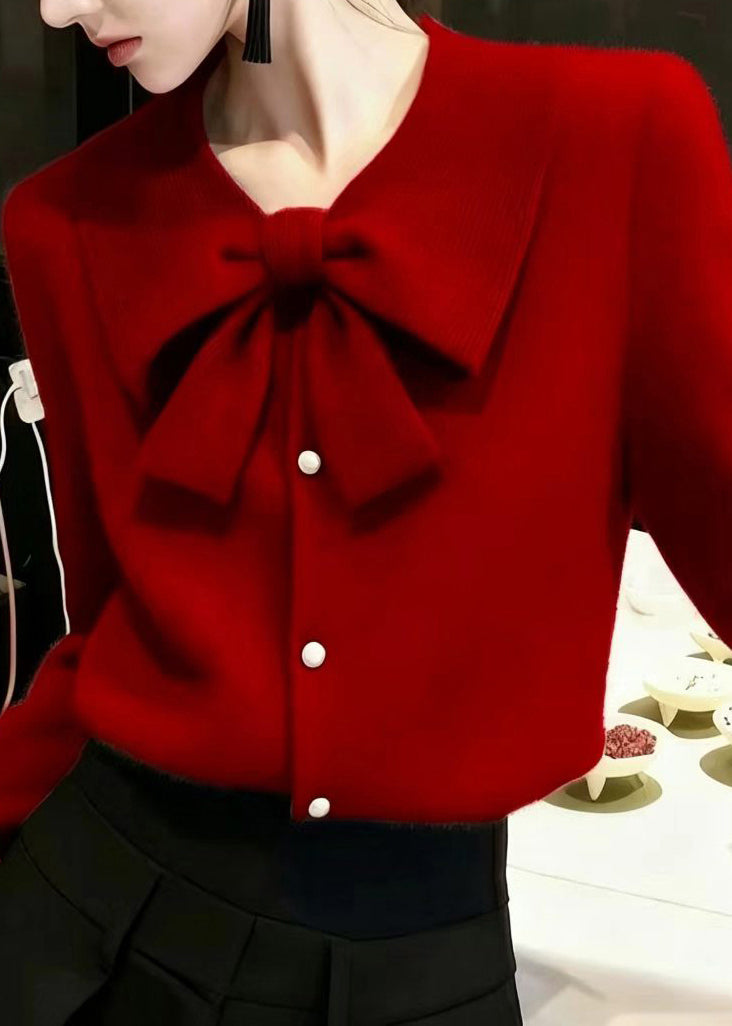 Women Grey Turn-Down Collar Bow Knit Sweater Tops Fall