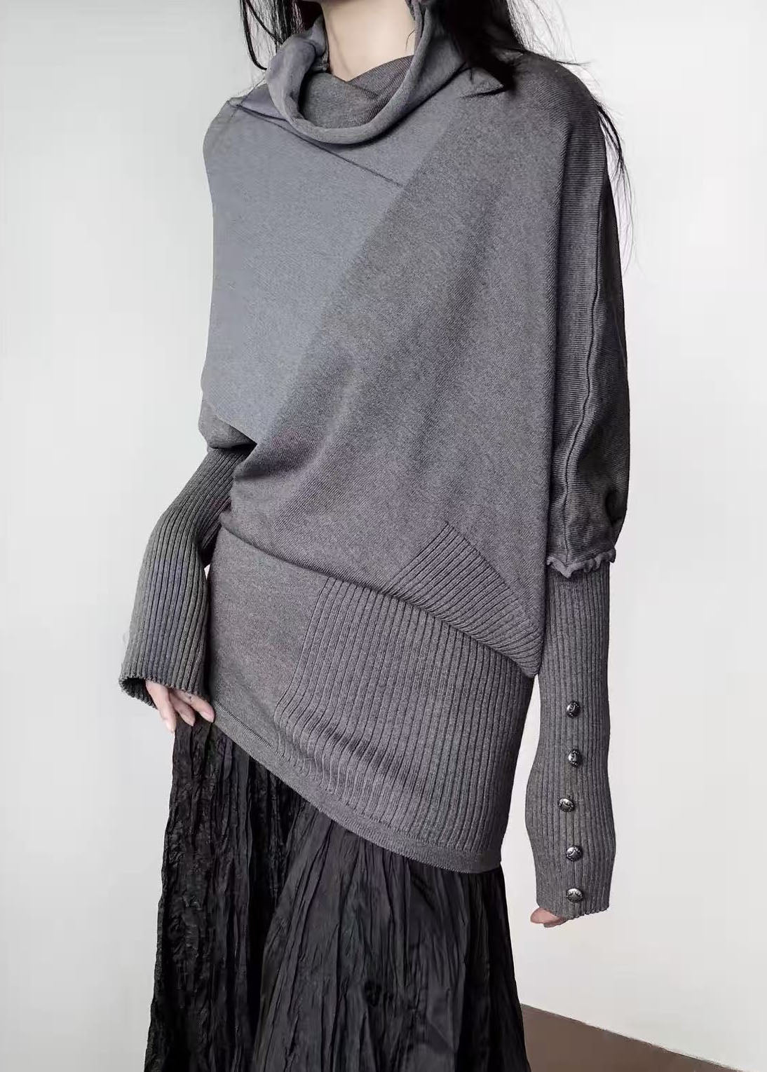 Women Grey Turtle Neck Asymmetrical Design Knit Sweater Tops Winter